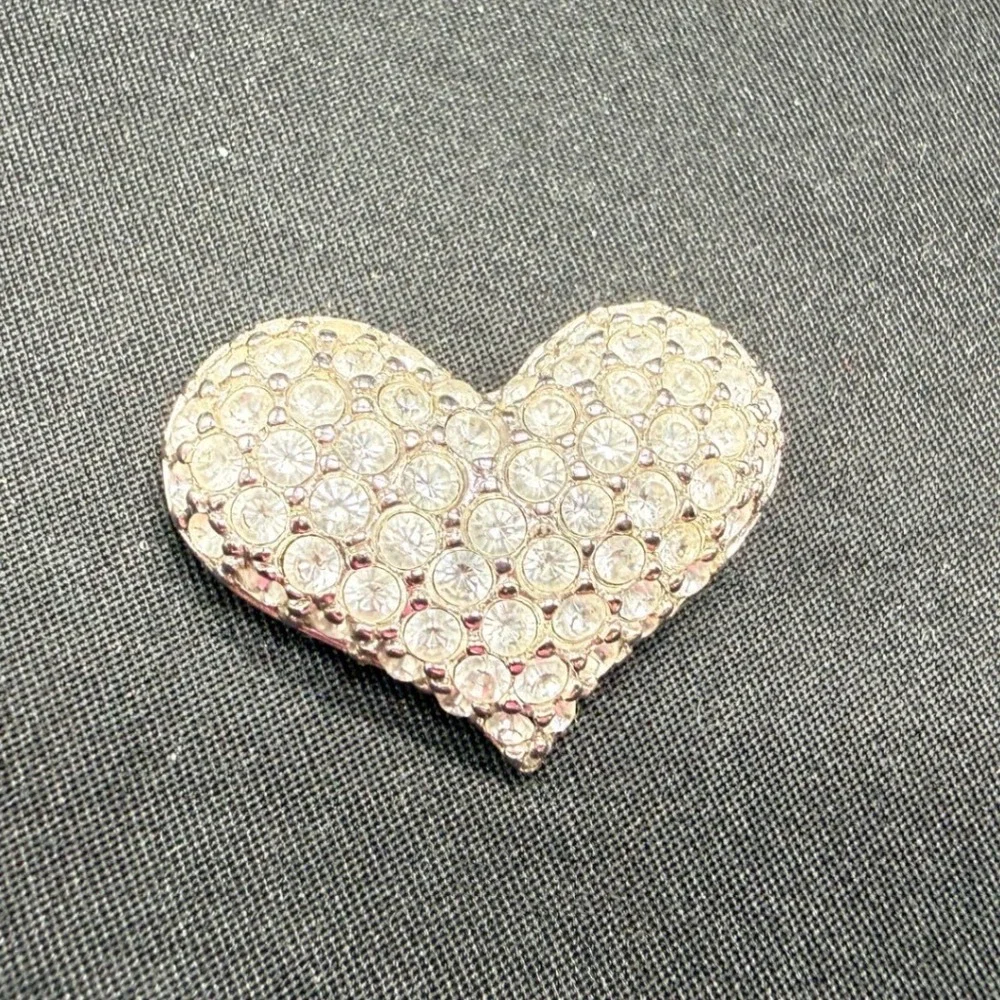 Swarovski Crystal Pave Heart Brooch Silver Tone Swan Logo Hallmark Pin
